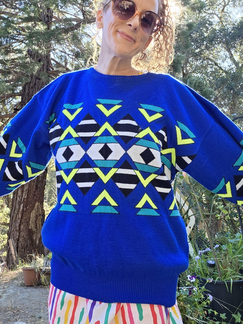 Vintage 80s Electric Blue Geometric Knit Ski Sweater – Retro Neon Oversized Pull